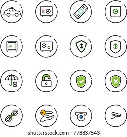 line vector icon set - safety car vector, safe, medical patch, insurance, unlocked, shield check, cross, link, key hand, surveillance camera