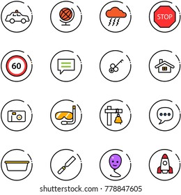 line vector icon set - safety car vector, globe, storm, stop road sign, speed limit 60, chat, key, home, photo, diving, ship bell, basin, rasp, balloon smile, rocket