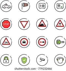 line vector icon set - safety car vector, side wind, safe, stop road sign, giving way, steep descent, slippery, no, overtake, key, locked, shield check, surveillance camera, protect glass