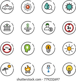 line vector icon set - safety car vector, sun, blood test, bank, account, limited height road sign, distance, head bulb, business idea, beach, fire, laser