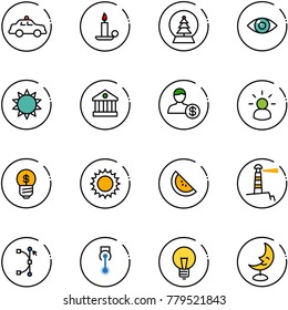 line vector icon set - safety car vector, candle, snowball tree, eye, sun, bank, account, idea, business, watermelone, lighthouse, bezier, laser, bulb, moon lamp