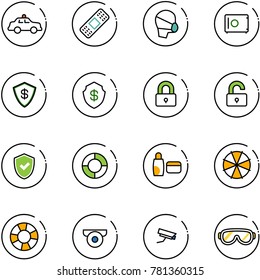 line vector icon set - safety car vector, medical patch, mask, safe, locked, unlocked, shield check, lifebuoy, uv cream, parasol, surveillance camera, protective glasses