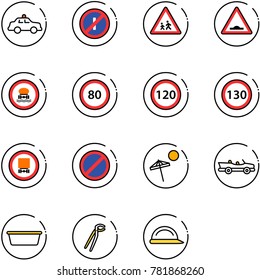 line vector icon set - safety car vector, no parkin odd, children road sign, artificial unevenness, dangerous cargo, speed limit 80, 120, 130, parking, beach, cabrio, basin, plumber