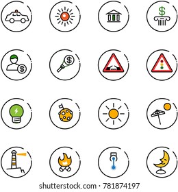 line vector icon set - safety car vector, sun, bank, account, money torch, drawbridge road sign, traffic light, idea, moon flag, beach, lighthouse, fire, laser, lamp