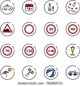 line vector icon set - safety car vector, christmas calendar, wine, sale, steep descent road sign, prohibition, speed limit 30, 40, 70, 130, no overtake, pennant, beach, toy hammer, ball