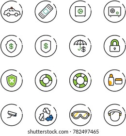 line vector icon set - safety car vector, medical patch, safe, insurance, locked, shield cross, lifebuoy, uv cream, surveillance camera, recycling, protective glasses, protect glass