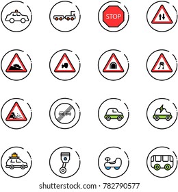 line vector icon set - safety car vector, baggage truck, stop road sign, oncoming traffic, steep descent, tractor way, tunnel, slippery, gravel, end overtake limit, electric, piston, baby, toy bus