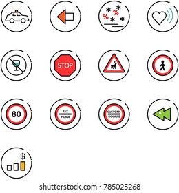 line vector icon set - safety car vector, left arrow, christmas sale, heart beat, no alcohol sign, stop road, wild animals, pedestrian, speed limit 80, tax peage, customs, fast backward