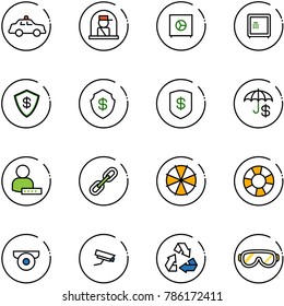 line vector icon set - safety car vector, officer window, safe, user password, link, parasol, lifebuoy, surveillance camera, recycling, protective glasses