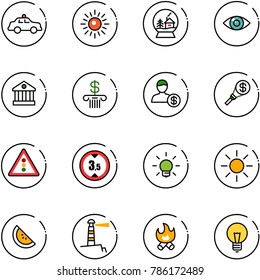 line vector icon set - safety car vector, sun, snowball house, eye, bank, account, money torch, traffic light road sign, limited height, bulb, watermelone, lighthouse, fire