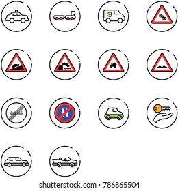 line vector icon set - safety car vector, baggage truck, encashment, multi lane traffic road sign, climb, embankment, tractor way, rough, end overtake limit, no parking even, key hand, limousine