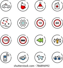 line vector icon set - safety car vector, christmas glove, hat, star postcard, sale, heart gear, speed limit 10 road sign, 60, 120, no bus, fast backward, team leader, mobile phone, horn toy, horse