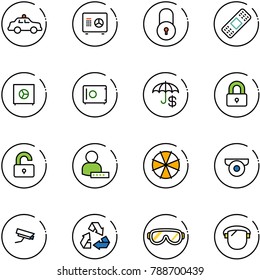 line vector icon set - safety car vector, safe, lock, medical patch, insurance, locked, unlocked, user password, parasol, surveillance camera, recycling, protective glasses, protect glass