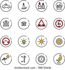 line vector icon set - safety car vector, candle, snowball house, bank, drawbridge road sign, limited height, distance, bulb, sun, beach, bezier, power, moon lamp