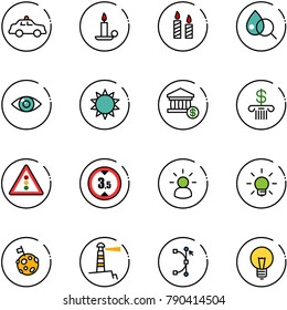 line vector icon set - safety car vector, candle, blood test, eye, sun, account, bank, traffic light road sign, limited height, idea, bulb, moon flag, lighthouse, bezier