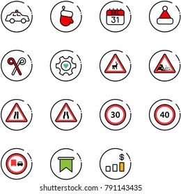 line vector icon set - safety car vector, christmas glove, 31 dec calendar, hat, santa stick, heart gear, wild animals road sign, gravel, narrows, speed limit 30, 40, no truck overtake, flag