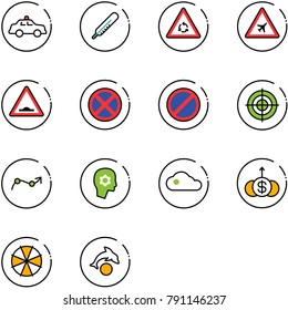 line vector icon set - safety car vector, thermometer, round motion road sign, airport, artificial unevenness, no stop, parking, target, chart point arrow, brain work, cloud, dollar growth, parasol