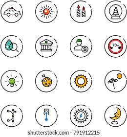 line vector icon set - safety car vector, sun, candle, snowball tree, blood test, bank, account, limited distance road sign, bulb, moon flag, beach, bezier, laser, power, lamp