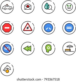 line vector icon set - safety car vector, star letter, blood test, dollar smile, no way road sign, abrupt turn right, detour, bus, end minimal speed limit, fast backward, brain work, inflatable pool