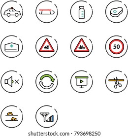 line vector icon set - safety car vector, sleigh, vial, meat, doctor hat, railway intersection road sign, for moto, speed limit 50, volume off, refresh, presentation board, opening, flip flops