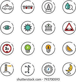 line vector icon set - safety car vector, garland, snowball tree, blood test, eye, sun, bank, drawbridge road sign, limited height, idea, business, watermelone, lighthouse, bezier, power, moon lamp