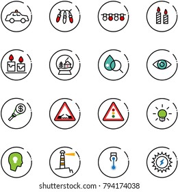 line vector icon set - safety car vector, garland, candle, snowball house, blood test, eye, money torch, drawbridge road sign, traffic light, bulb, head, lighthouse, laser, sun power