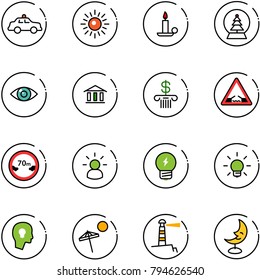 line vector icon set - safety car vector, sun, candle, snowball tree, eye, bank, drawbridge road sign, limited distance, idea, bulb, head, beach, lighthouse, moon lamp