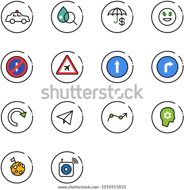 line\
vector icon set - safety car vector, blood test, insurance, dollar\
smile, no parkin odd, airport road sign, only forward, right, redo,\
paper fly, chart point arrow, brain work, moon\
flag