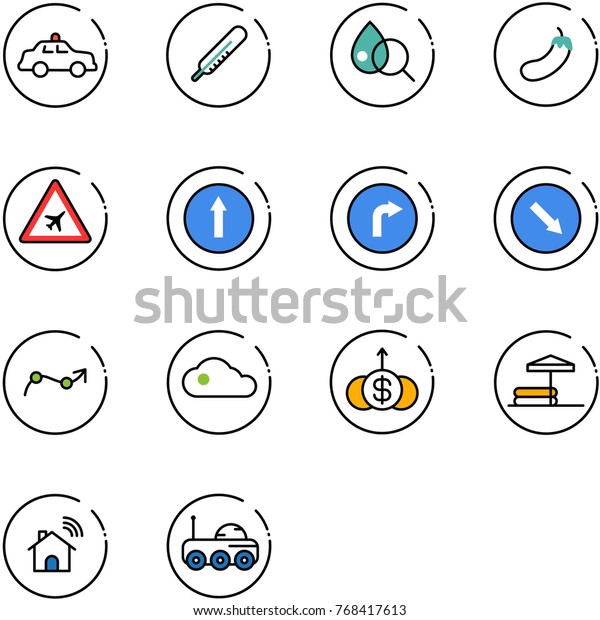 line vector icon set - safety car vector,\
thermometer, blood test, eggplant, airport road sign, only forward,\
right, detour, chart point arrow, cloud, dollar growth, inflatable\
pool, wireless home