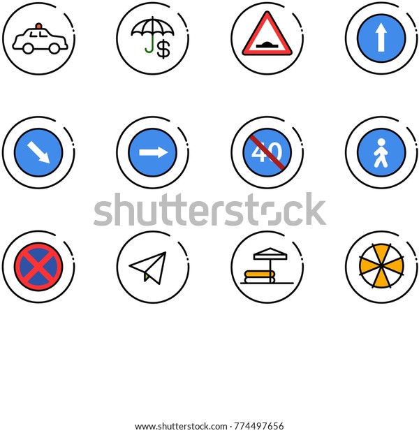 line vector icon set - safety car vector, insurance,\
artificial unevenness road sign, only forward, detour, right, end\
minimal speed limit, pedestrian way, no stop, paper fly, inflatable\
pool