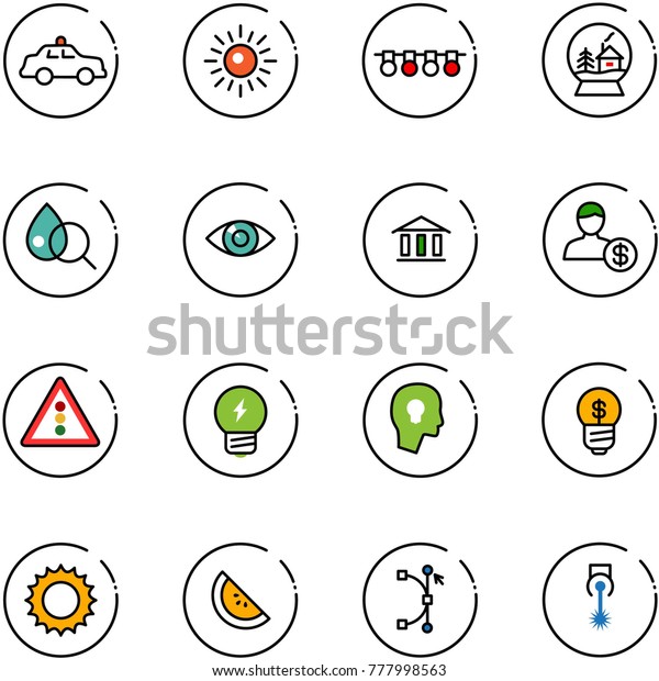 line vector\
icon set - safety car vector, sun, garland, snowball house, blood\
test, eye, bank, account, traffic light road sign, idea, head bulb,\
business, watermelone, bezier,\
laser