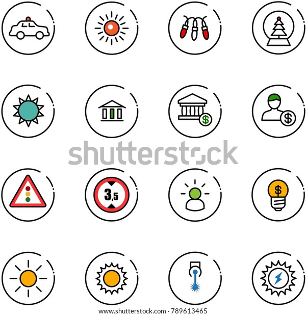 line vector icon set - safety car\
vector, sun, garland, snowball tree, bank, account, traffic light\
road sign, limited height, idea, business, laser,\
power