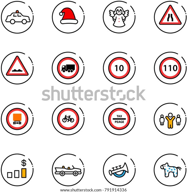 line vector icon set - safety car vector, christmas\
hat, angel, Road narrows sign, rough, no truck, speed limit 10,\
110, dangerous cargo, bike, tax peage, team leader, dollar chart,\
cabrio, horn toy