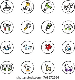 line vector icon set - sailboat toy vector, abc cube, beanbag, dinosaur, shovel fork, elephant wheel, horn, horse, puzzle, yoyo, bus, duck, giraffe