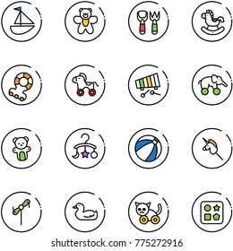 line vector icon set - sailboat toy vector, bear, shovel fork, rocking horse, teethers, wheel, xylophone, elephant, baby carousel, beach ball, unicorn stick, windmill, duck, cat, cube hole