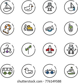 line vector icon set - sailboat toy vector, duck, robot, teethers, excavator, horn, phone, baby carousel, windmill, plane, bus, car, boat