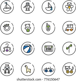 line vector icon set - sailboat toy vector, robot, bear, beanbag, phone, train, baby carousel, beach ball, piano, windmill, giraffe, car, cat