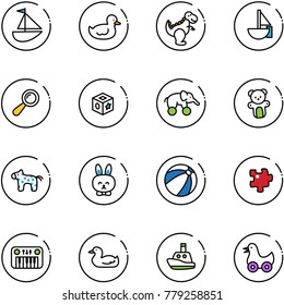 line vector icon set - sailboat toy vector, duck, dinosaur, beanbag, cube, elephant wheel, bear, horse, rabbit, beach ball, puzzle, piano, boat
