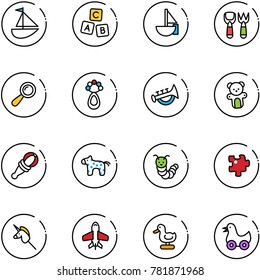 line vector icon set - sailboat toy vector, abc cube, shovel fork, beanbag, horn, bear, horse, caterpillar, puzzle, unicorn stick, plane, duck