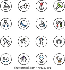 line vector icon set - sailboat toy vector, duck, pyramid, beanbag, car, ball, shovel fork, rocking horse, cube, baby, ufo, rabbit