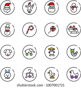 line vector icon set - santa claus vector, snowman, lollipop, sleigh, dog, elephant wheel, doll, toy caterpillar, rabbit, baby carousel, duck