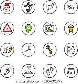 line vector icon set - santa claus vector, power hand, abdominal muscles, pedestrian road sign, brain work, tv news, success, career, world, opportunity, flying man, reading, feet, swimsuit