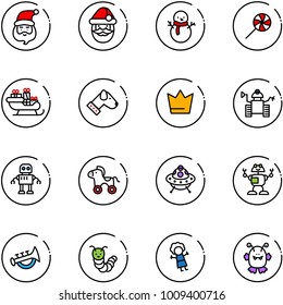 line vector icon set - santa claus vector, snowman, lollipop, sleigh, dog, crown, robot, wheel horse, ufo toy, horn, caterpillar, doll, monster