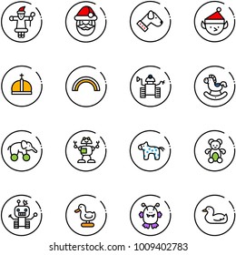 line vector icon set - santa claus vector, dog, christmas elf, crown, rainbow, robot, rocking horse, elephant wheel, toy, bear, duck, monster