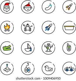 line vector icon set - santa claus vector, christmas elf, eggplant, rocket, fire, robot, basin, crocodile, sailboat toy, phone, wirligig, yoyo, duck, car