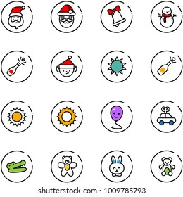 line vector icon set - santa claus vector, bell, snowman, champagne, christmas elf, sun, fizz opening, balloon smile, car toy, crocodile, bear, rabbit