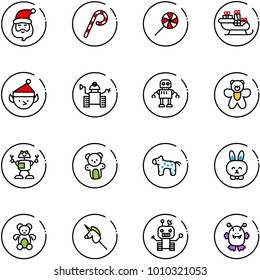 line vector icon set - santa claus vector, lollipop, sleigh, christmas elf, robot, bear toy, horse, rabbit, unicorn stick, monster