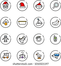 line vector icon set - santa claus vector, christmas hat, elf, bacteria, dolphin, basin, sailboat toy, duck, robot, dinosaur, beanbag, phone, train, baby carousel, water gun