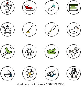 line vector icon set - santa claus vector, sleigh, eggplant, schedule, robot, hoe, rasp, duck toy, beanbag, crocodile, dinosaur, sailboat, bear, horn