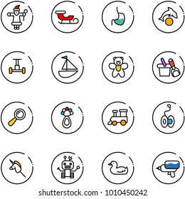 line vector icon set - santa claus vector, sleigh, stomach, dolphin, gyroscope, sailboat toy, bear, shovel bucket, beanbag, train, yoyo, unicorn stick, robot, duck, water gun